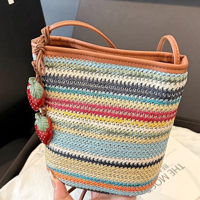Retro Rainbow Contrasting Shoulder Bag, Summer New Fashion Woven Bag, Messenger Bag, Fashion Casual Women's Bag