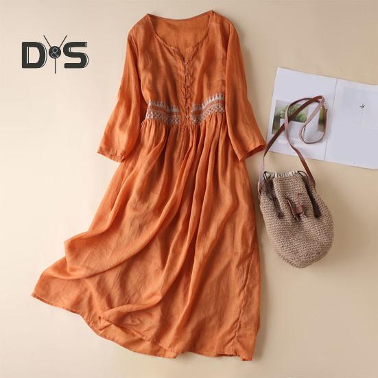 Sukienka wiosenno-letnia z haftem, dziewiąty rękaw, luźna sukienka midi, okrągły dekolt, lekka sukienka do biura, letnia impreza na plaży