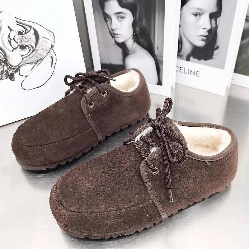 Plush Cotton Shoes Women Snow Boots Suede Fur Slippers Flats Casual Sneaker 2024 Trend Brand Mules Lace Up Warm Fad Winter Botas