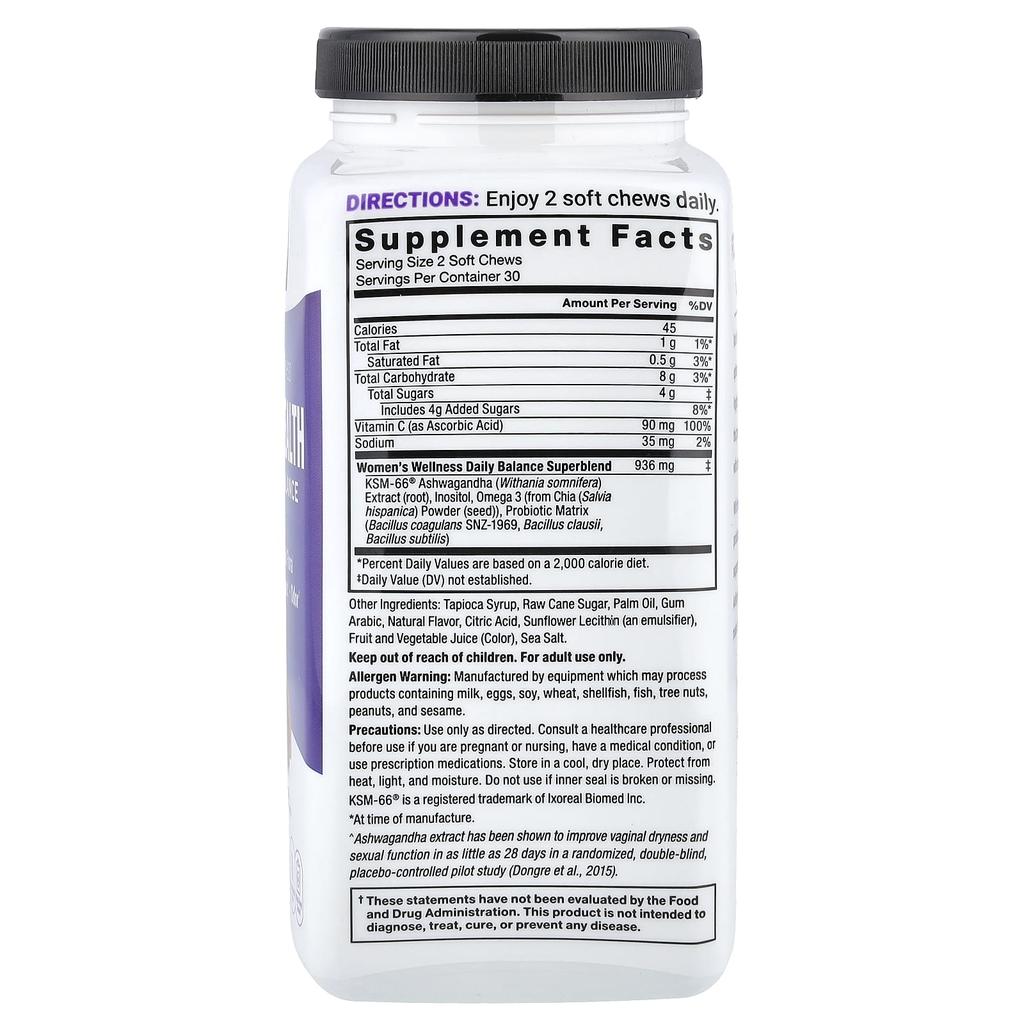 Force Factor Women's Wellness, Vaginal Health + Hormone Balance, Tropical Punch, 60 Soft Chews