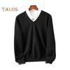 Men Fall Winter Sweater Fake Two-piece Shirt Patchwork Turn-down Collar V Neck Long Sleeves Elastic Pure Color Slim Fit Warm Knitwear