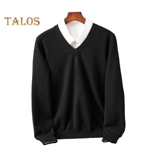 Men Fall Winter Sweater Fake Two-piece Shirt Patchwork Turn-down Collar V Neck Long Sleeves Elastic Pure Color Slim Fit Warm Knitwear
