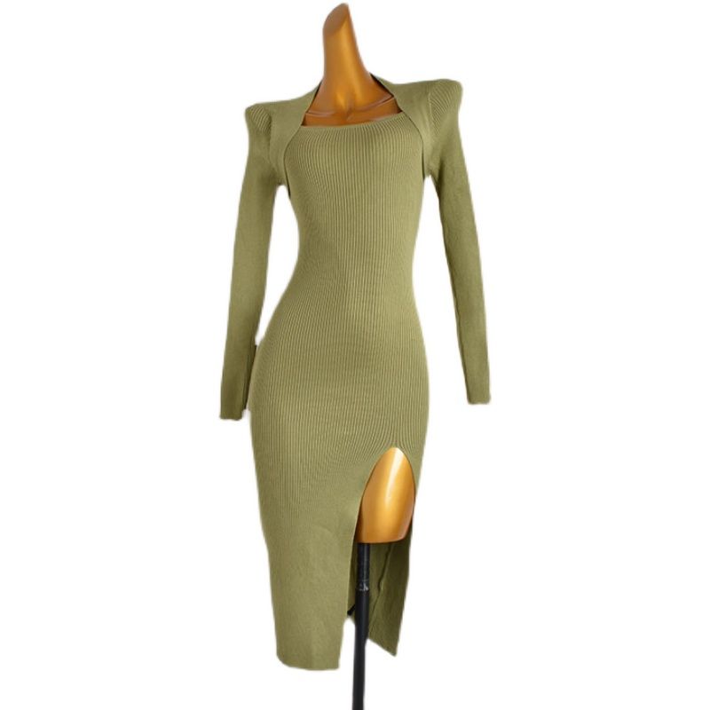 Export European and American Sexy Sexy Fashion Square Collar Long Sleeves Knitting Dress Silm Slimming Midi Dress Women's Clothing