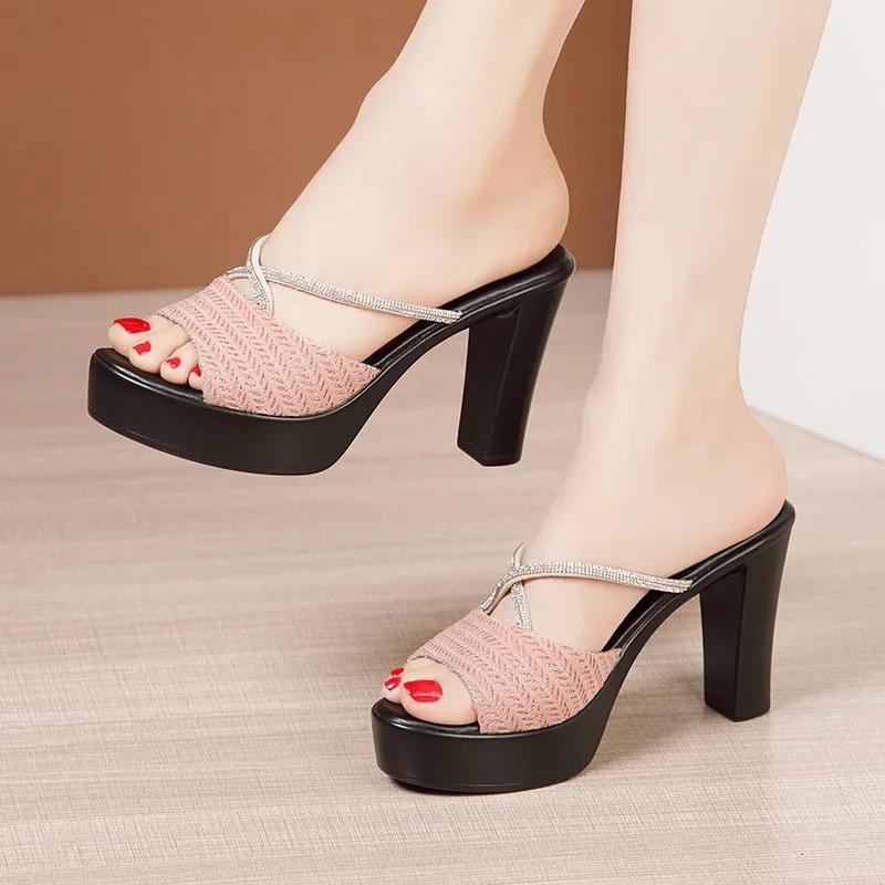

10cm Small Size 32-43 Sexy Bling Rhinestone Slippers Summer Platform Shoes 2026 Block High Heels Slides Office Model 32 розовый