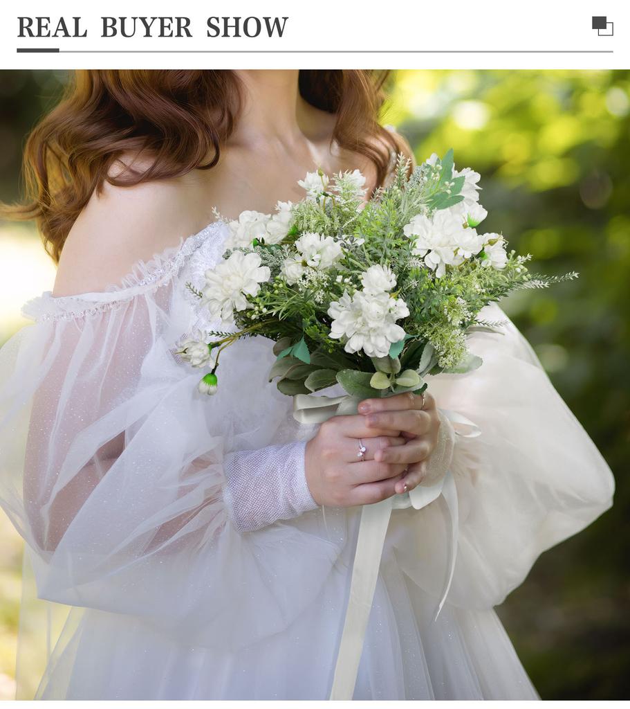 8PCS Green White Artificial Wedding Flowers Set Bridal Bouquet Boutonnieres Corsage for Wedding Ceremony Anniversary Prom Decor