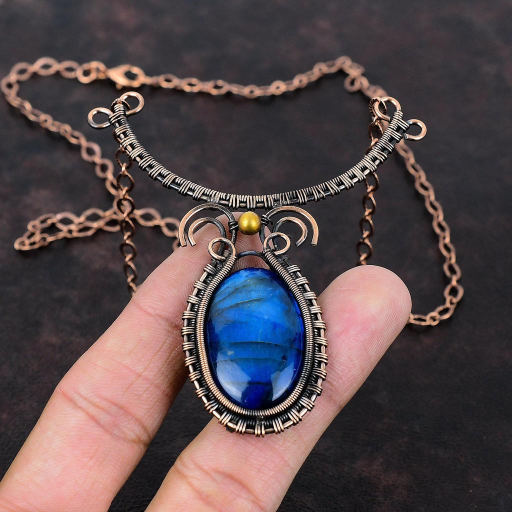 Blue Fire Labradorite Necklace Copper Wire Wrapped Necklace Adjustable Necklace Handmade Natural Gemstone Necklace Copper Jewelry For Women