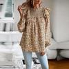 Chic Women Autumn O Neck Printed Flying Sleeve Pleated Blouse Commuter Fragmented Temperament Shirt