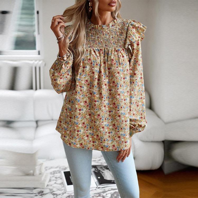 Chic Women Autumn O Neck Printed Flying Sleeve Pleated Blouse Commuter Fragmented Temperament Shirt