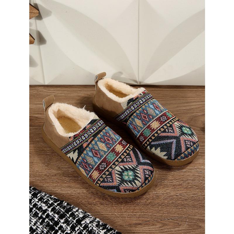 Plus-size Warm Cotton Shoes 2025 Winter New Fleece Color-blocking Ethnic Style Home Women's Shoes