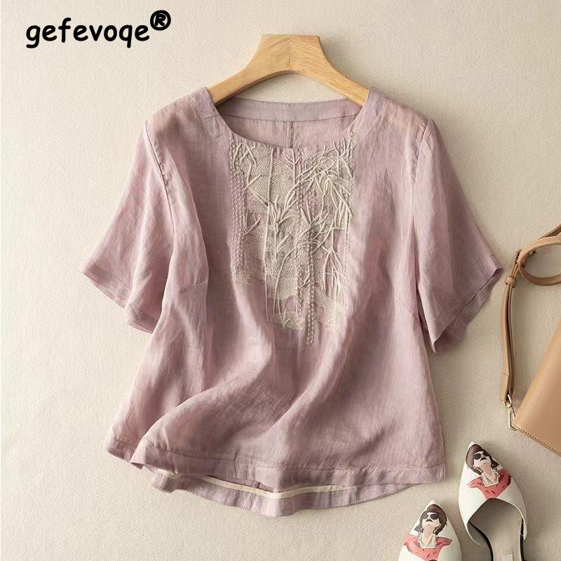 

Women s Summer Vintage Embroidery Short Sleeve Cotton Linen T-shirts High Quality Simple Casual Solid O Neck Loose Ladies Tops XXXL абрикосовий