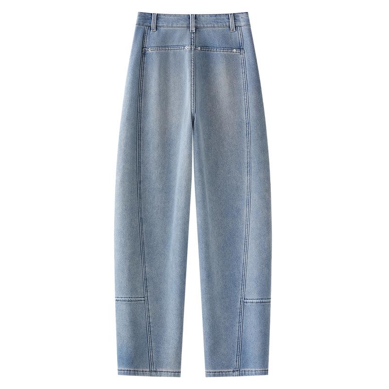 Light Blue Women's High-Waisted Velvet-Lined Banana Jeans, 2024 Autumn/Winter Loose Straight-Leg Style