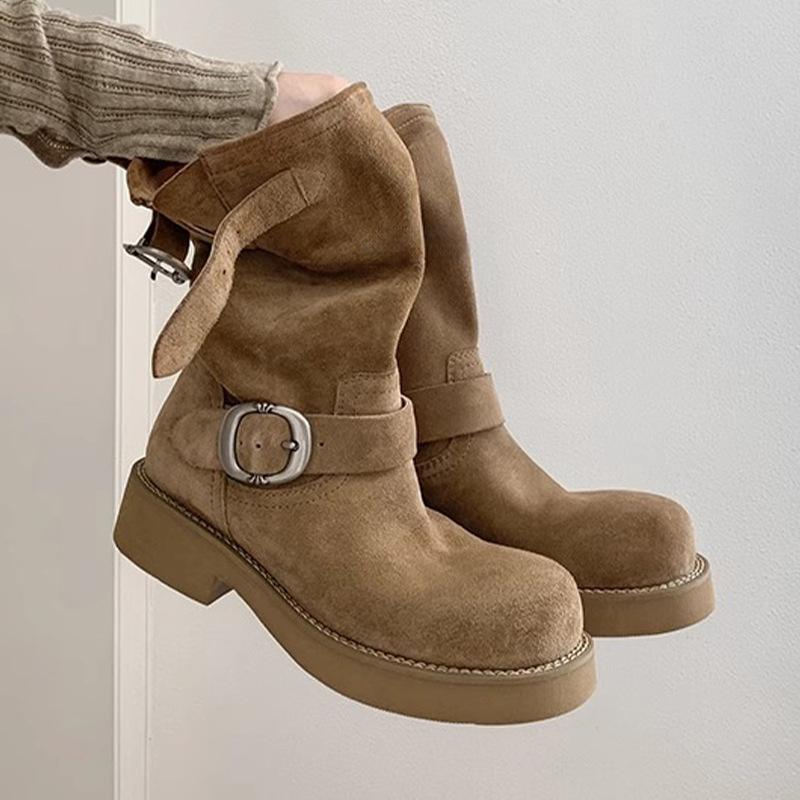 Yuanlitong autumn and winter new fashion medium tube stacking boots soft leather casual style Korean version women's boots wear sweet sister knight