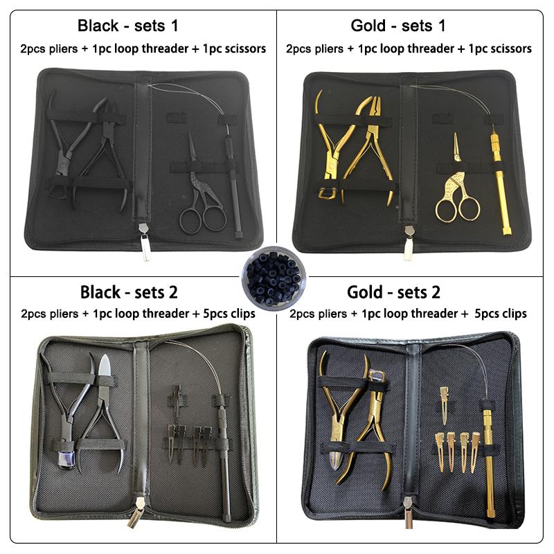 Set de clești pentru extensie de păr Instrumente, Clești pentru deschiderea aplicațiilor + ac de tragere + cleme + Micro margele căptușite de 5030 mm Negru