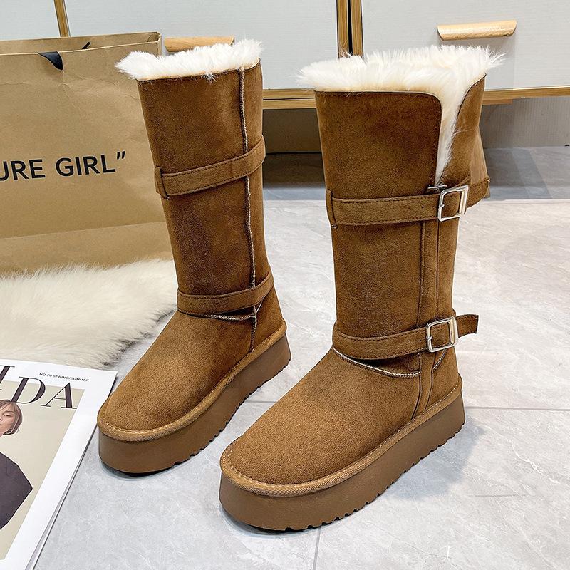 Women's Large Size Belt Buckle Thick Sole Winter Warm Fur One Snow Boots Padded Lined Ankle Boots Non-Slip Hiking Sports Cotton Boots