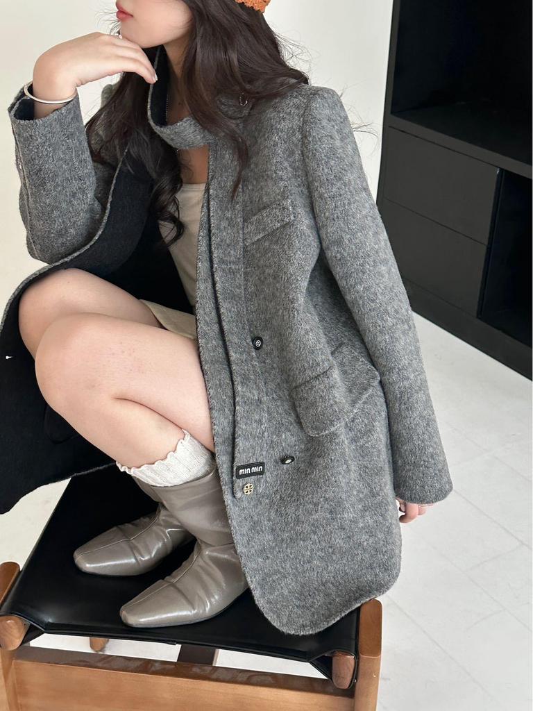 Petite Women's Two-Tone V-Neck Double-Sided Wool Coat for Autumn/Winter