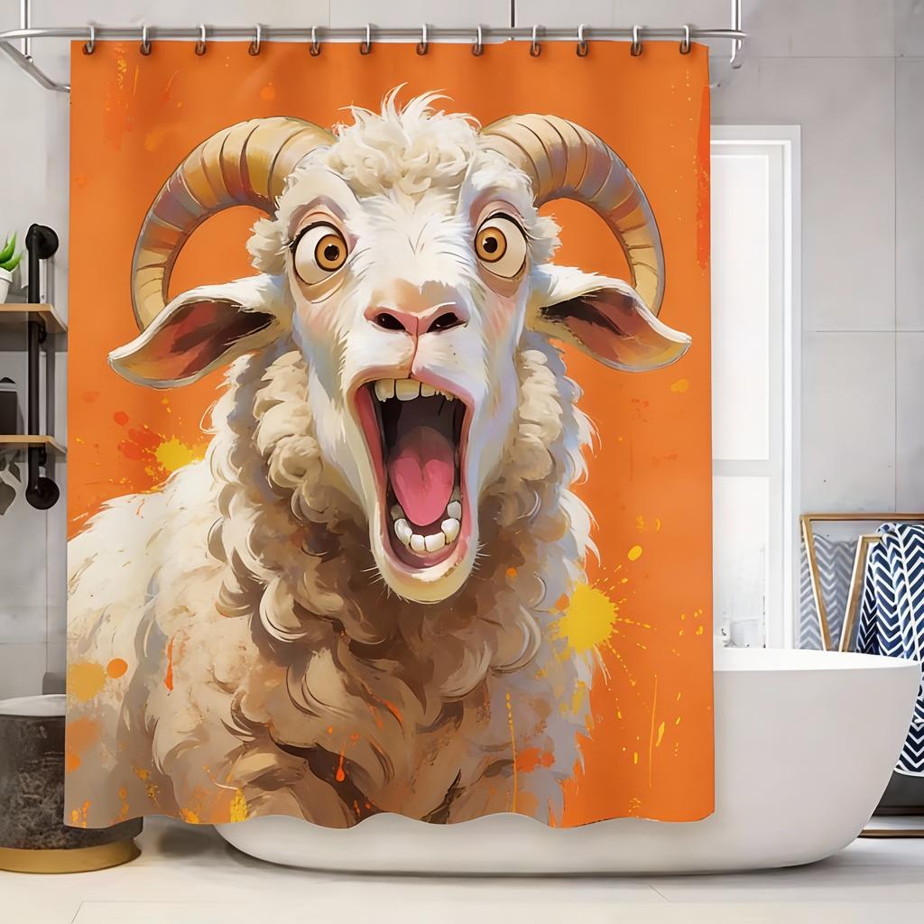 Goat Pattern Waterproof Mold-Proof Shower Curtain Creative Bathroom Curtain Unique Design Stylish Home Decor Complimentary Hook