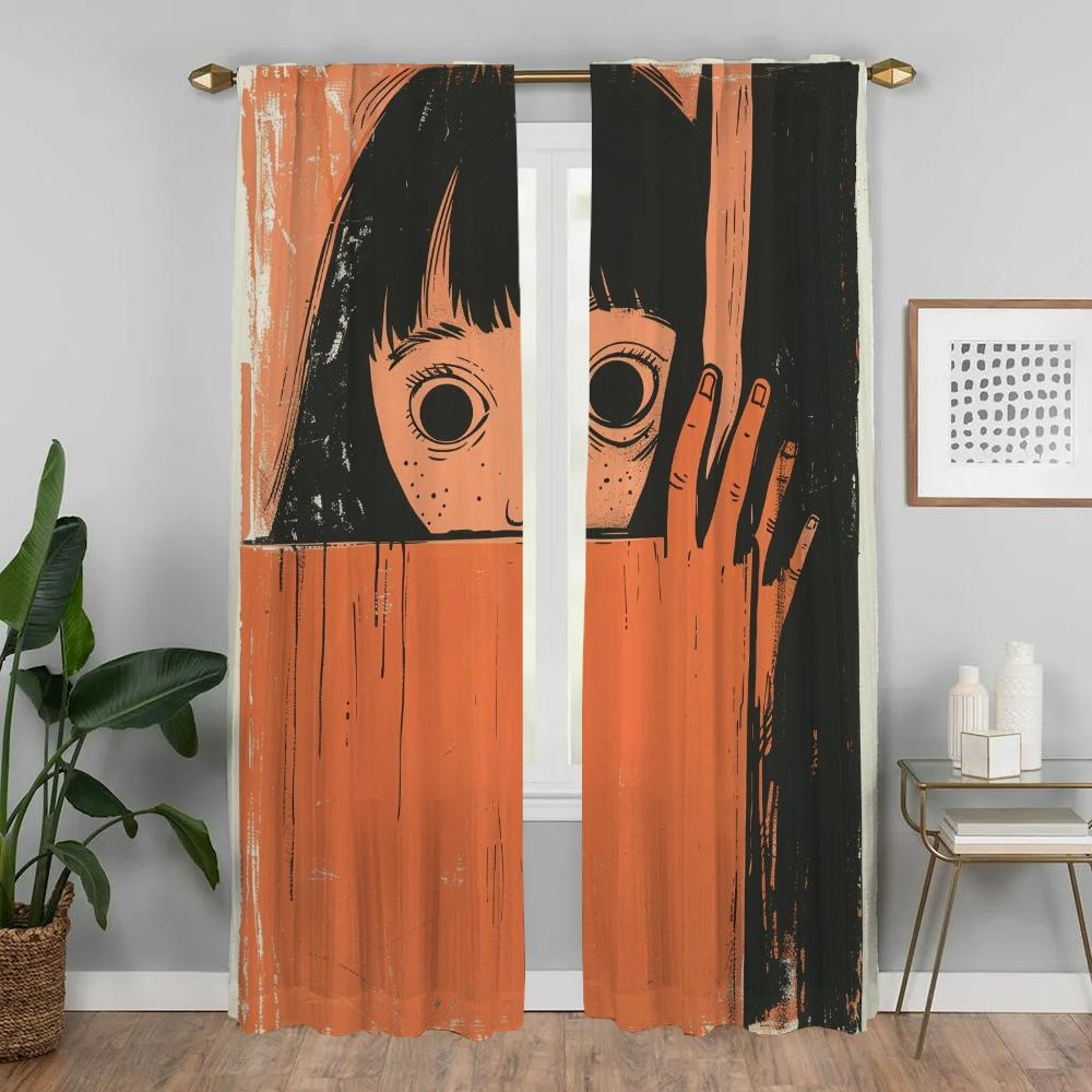 Partition Naughty Little Girl Window Curtain for Room 2 Panel Curtains for Bedroom Shades Halloween Decoration Living Kitchen