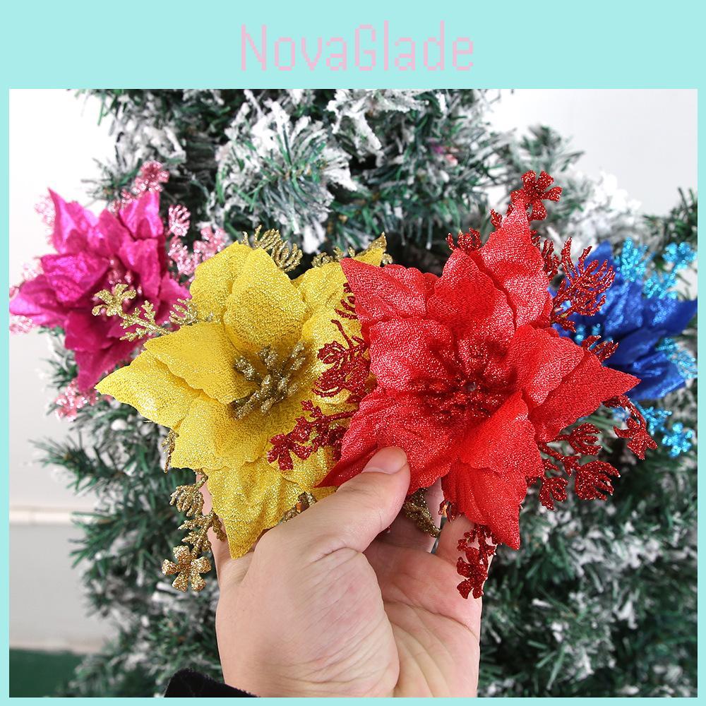 Atemberaubende 16 cm glitzernde künstliche Blume zur Weihnachtsbaumdekoration in Silber, Rot und Gold