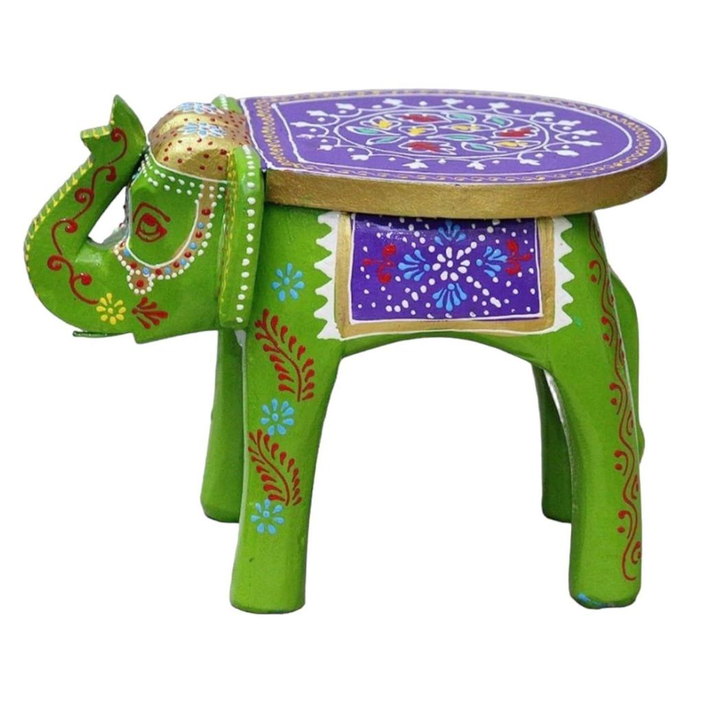 Hand-Crafted and Colorful Emboss Painted Wooden Elephant Shape Stool Cum Gardan Table,Decorative Showpiece (8 Inches Height, Green)