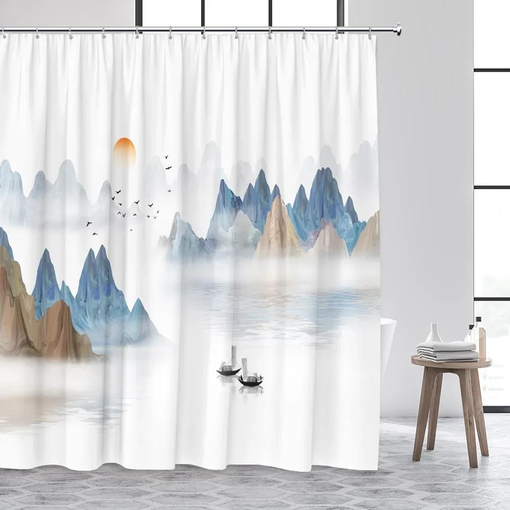 

Chinese Style Shower Curtains Abstract Mountain Water Boat Ink Art Scenery Polyester Fabric Bathroom Curtain Decor With Hooks W60H190(CM)-1 Pcs