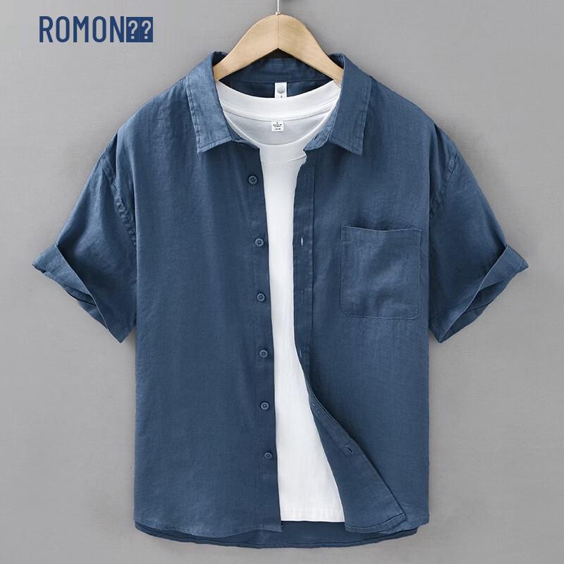 ROMON Men s Pure Linen Short Sleeve Shirt 2XL