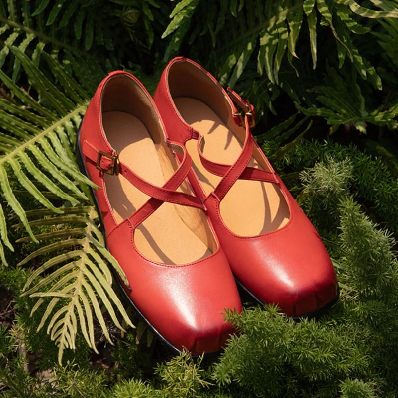Johnature Genuine Leather Square Toe Mary Janes Shoes Retro Soft Sole Comfortable Buckle Women's Shoes