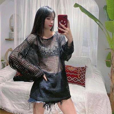 Maglione traforato taglia forte da donna nero filato a rete top maglione da donna pullover ampio maglia