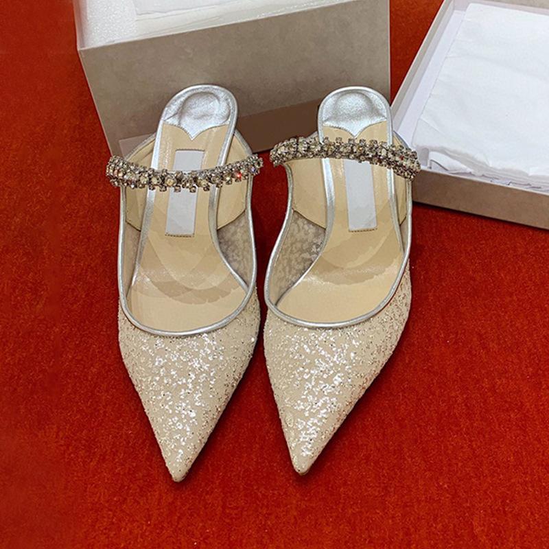 2024 New Spring and Autumn Pointed Rhinestone Chain Sequined Fairy Style Mary Jane Stiletto High Heel Wedding Shoes Stiletto