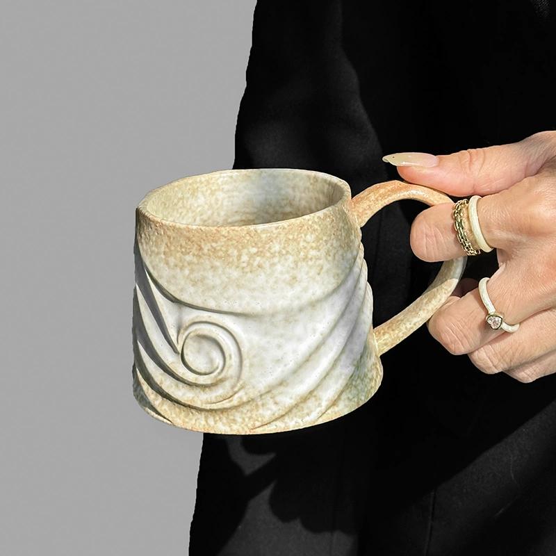 Coarse Ceramic Coffee Mugs, 320ml, Large Capacity, Wide Bottom, Transmutation Glaze Craft, Handmade Pottery Mug, Tea Cups with Hemp Rope Handle