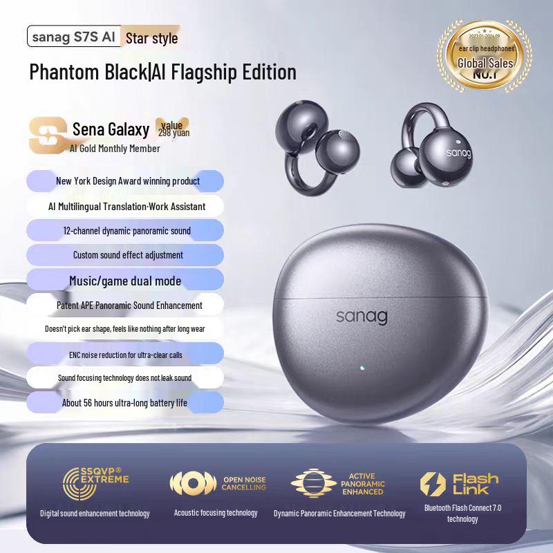 Sanag S7S Bluetooth Ear Clip Earphones with AI Translation and Air Conduction for 2025 Sports - Open, Not In-Ear Design