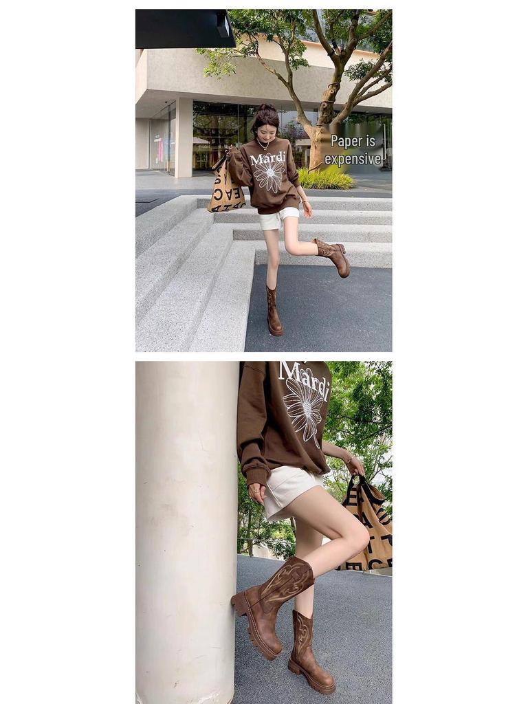 Retro Soft Leather Thick Sole Western Cowboy Mid-Calf Boots for Women, Autumn/Winter Martin Style