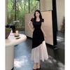 Large size women's clothing summer Hepburn style black and white contrasting color splicing dress square collar waist thin temperament long dress