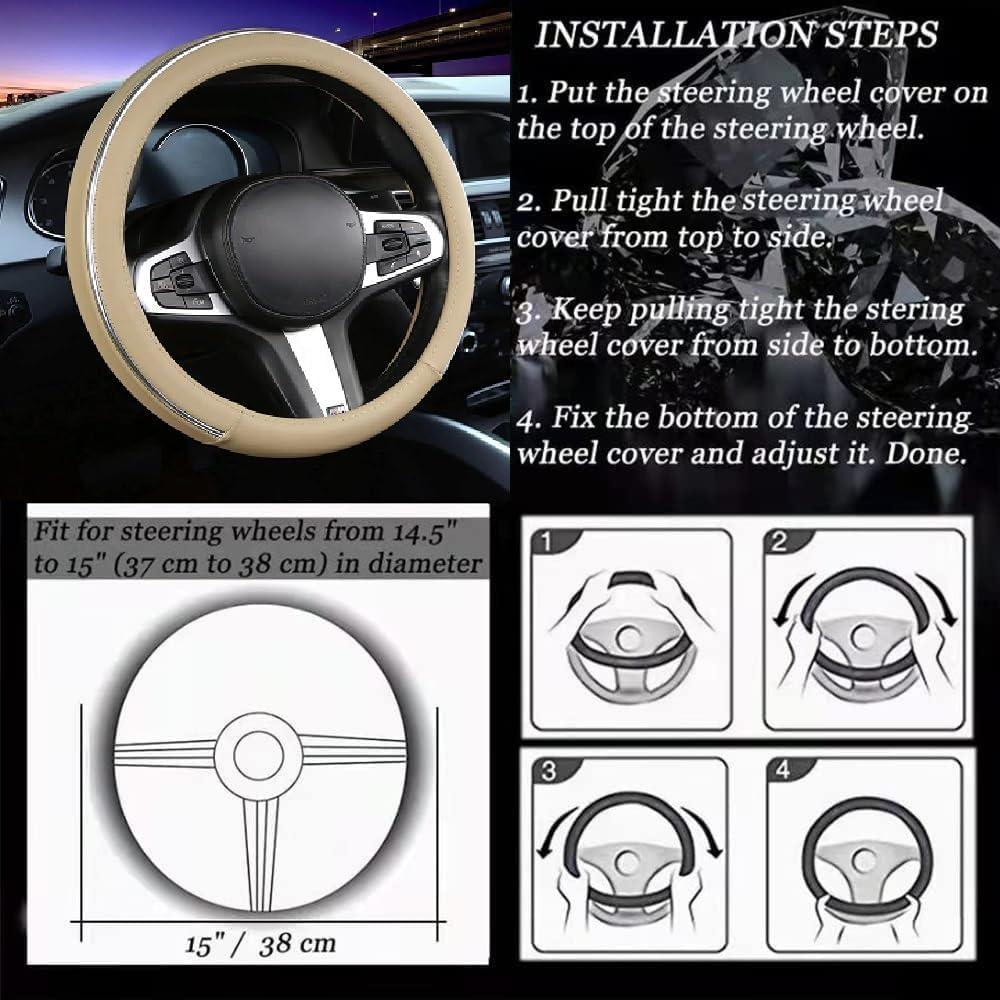 Car Steering Wheel Cover, Microfiber Leather Wheel Cover, Bright Strip Cute Steering Wheel Cover Universal 14.5-15 Inch Car Accessory, Breathable,