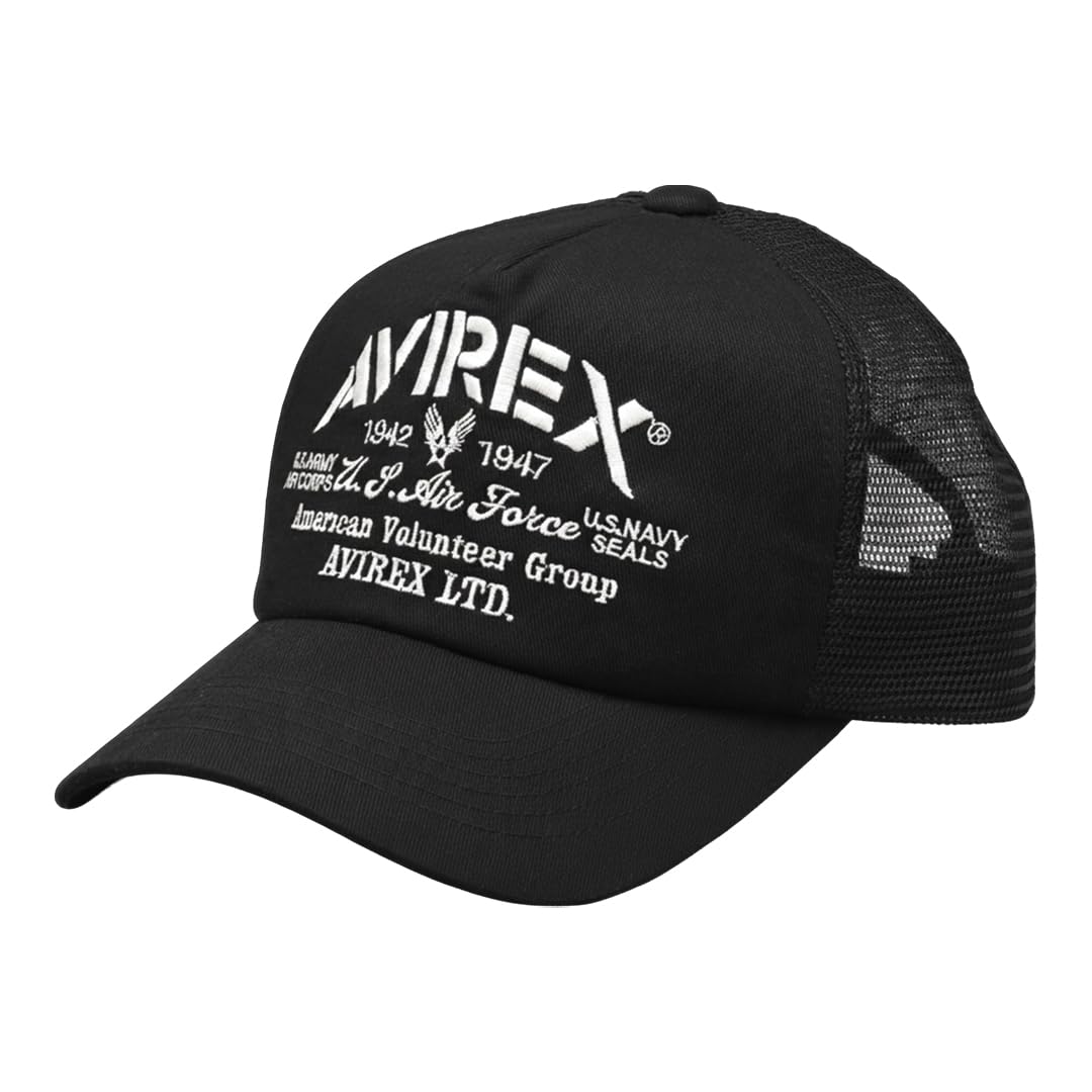 Сетчатая кепка AVIREX Мужская кепка Шляпа с логотипом бренда Американский кэжуал Военный стиль AVIREX Пенопластовая передняя часть Тракер Стильная черная