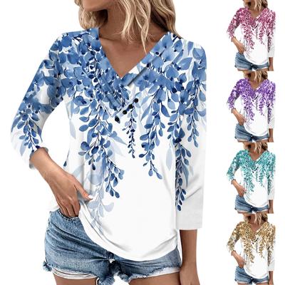 Womens 3/4 Sleeve Daily Weekend V Neck Casual Printed Tshirts Loose Fit Pleated Tees Ladies Blouse