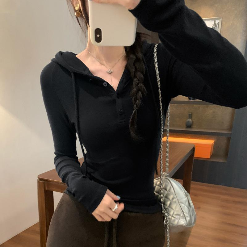Women's Slim Fit Hooded Henley with Long Sleeves - Comfortable, Skin-Friendly Autumn/Winter Base Layer Top