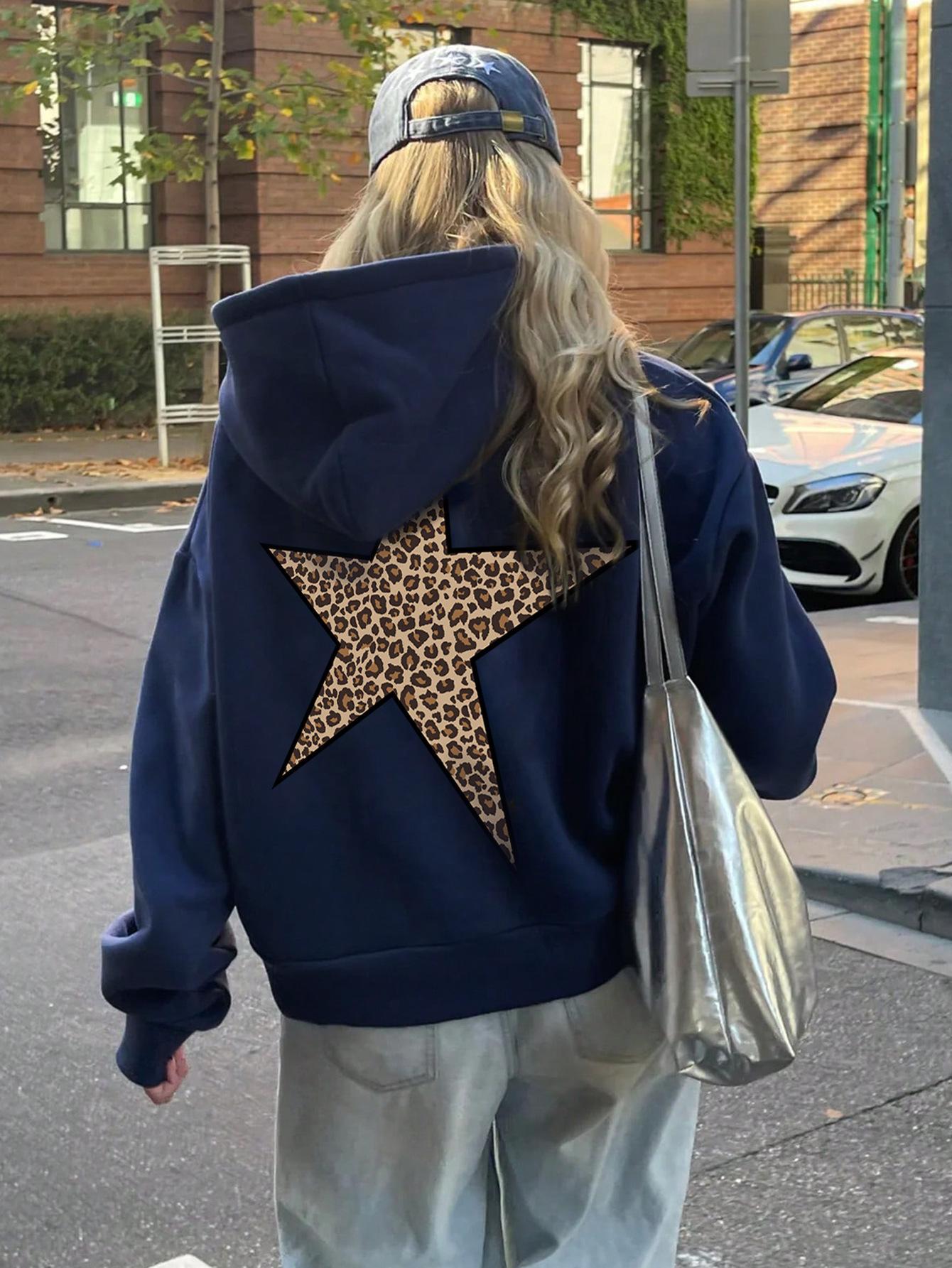 Cross-border European and American foreign trade new women s fashion star leopard print printing loose hooded sweater casual pullover sweater S
