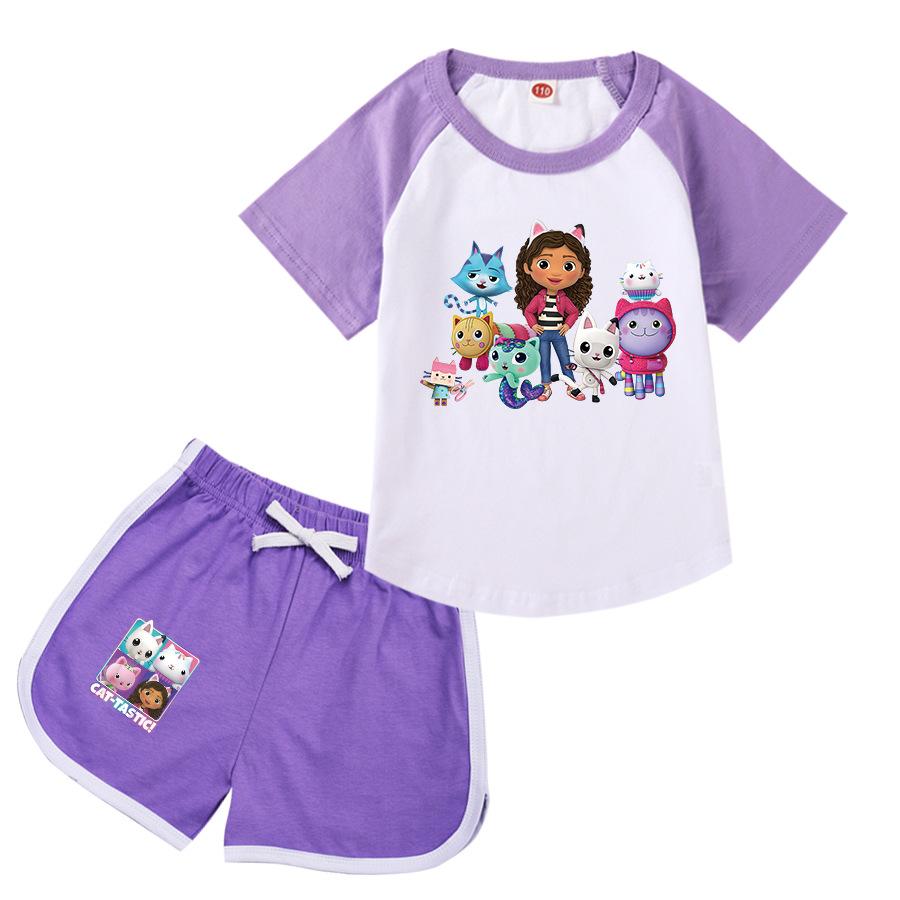 Gabby's Dollhouse Girls Sportswear Set Toddler Boy Clothes Summer Pajamas Gabby Cats Cotton Short Sleeve T Shirt+Shorts Costume