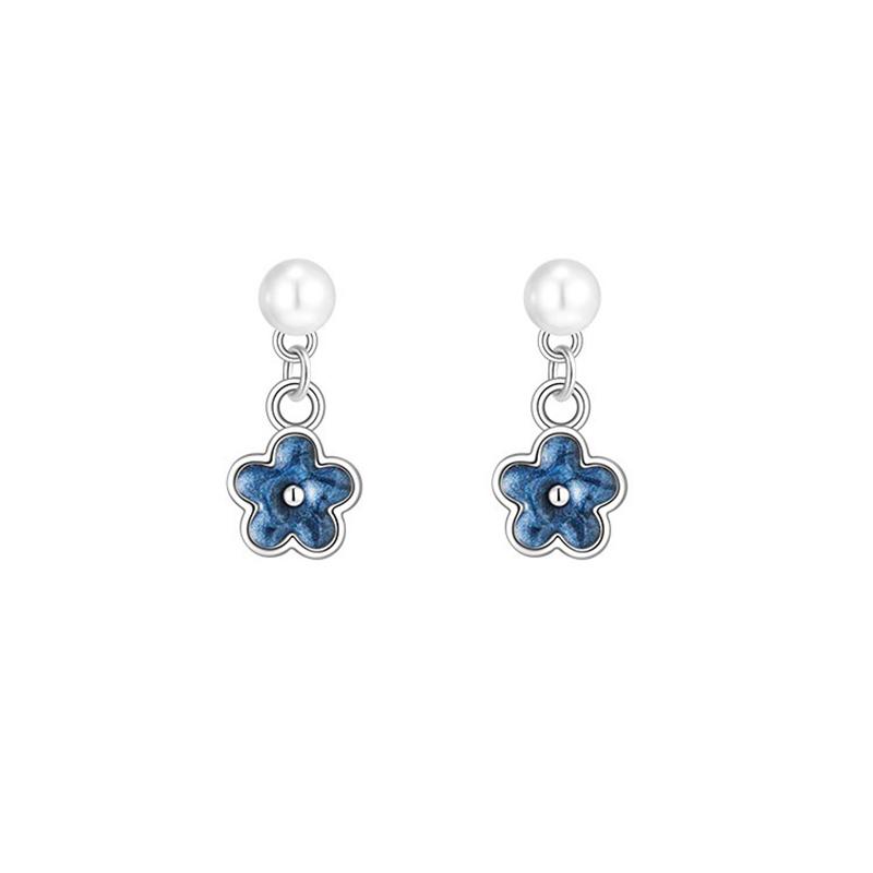 Real 925 Silver Pearl 14K Gold Blue Flower Pendant Stud Earrings For Women Cute Fine Jewelry Light Accessories