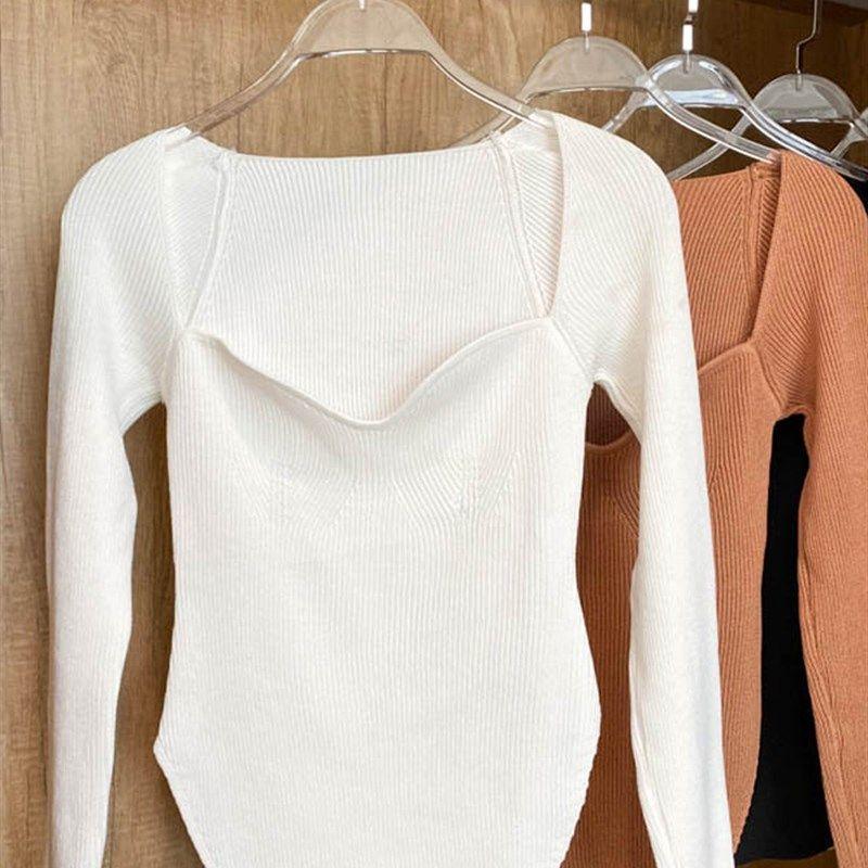 Square Collar Long Sleeve Woman Sweaters Knitted Pullover Wo