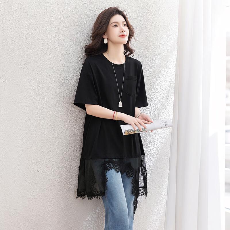 Women's Asymmetric Lace Patchwork Loose Short-Sleeve T-Shirt