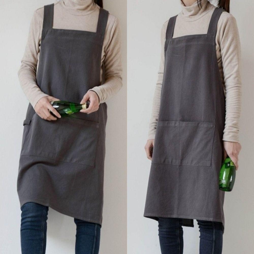 Simple Pocket Apron Cotton Household Waterproof Apron Durable Unisex Work Clothes  Coffee Shop