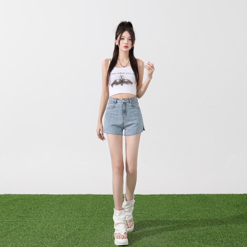 Women's High-Waist Elastic Denim Shorts - Summer Thin, Loose, Three-Quarter Length with Split Hem