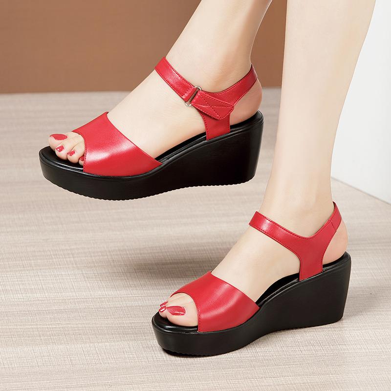 Cowhide Wedges Sandals Summer Women's Genuine Leather Shoes Platform Sandals Ladies High Heel Shoes Women Casual Flats 32-43