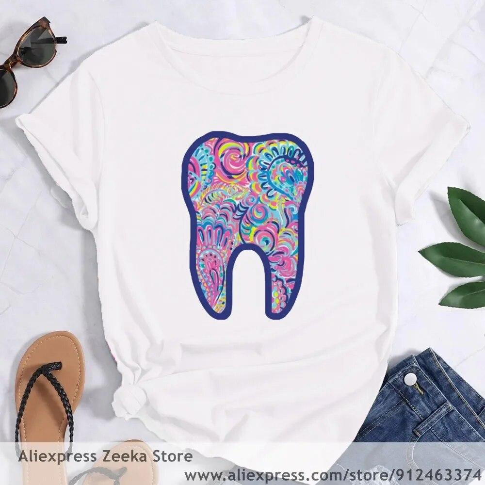 Zahn und Zahnarzt Grafik Ästhetik Frauen Lustige Print Damen T-shirt Mädchen Y2K Harajuku Basis O-kragen Weißes Hemd Kurze
