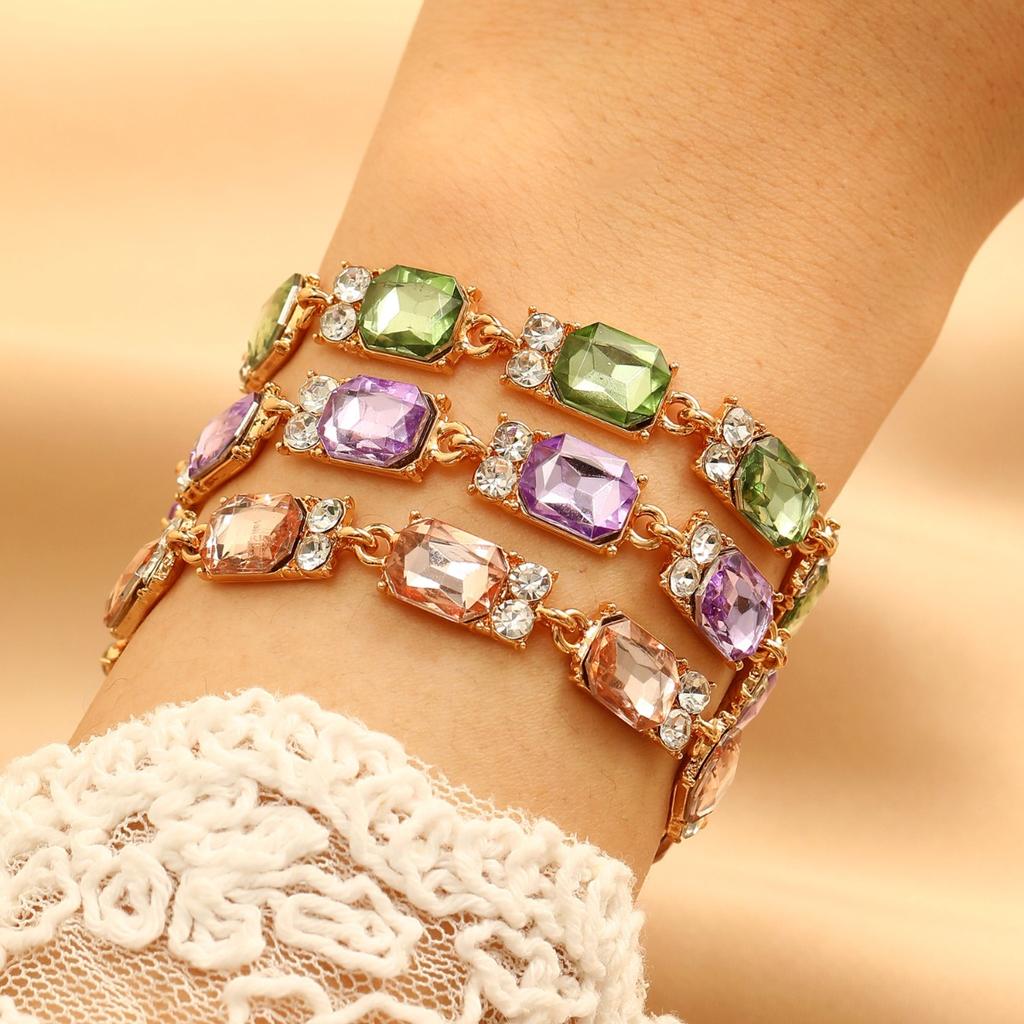 Vintage Pink Rectangle Stone Chain Bracelet Women Elegant Party Wrist Jewelry