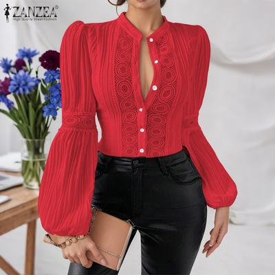 Blouse Décontractée Femme Col Montant Manches Longues Dentelle Crochet Patchwork