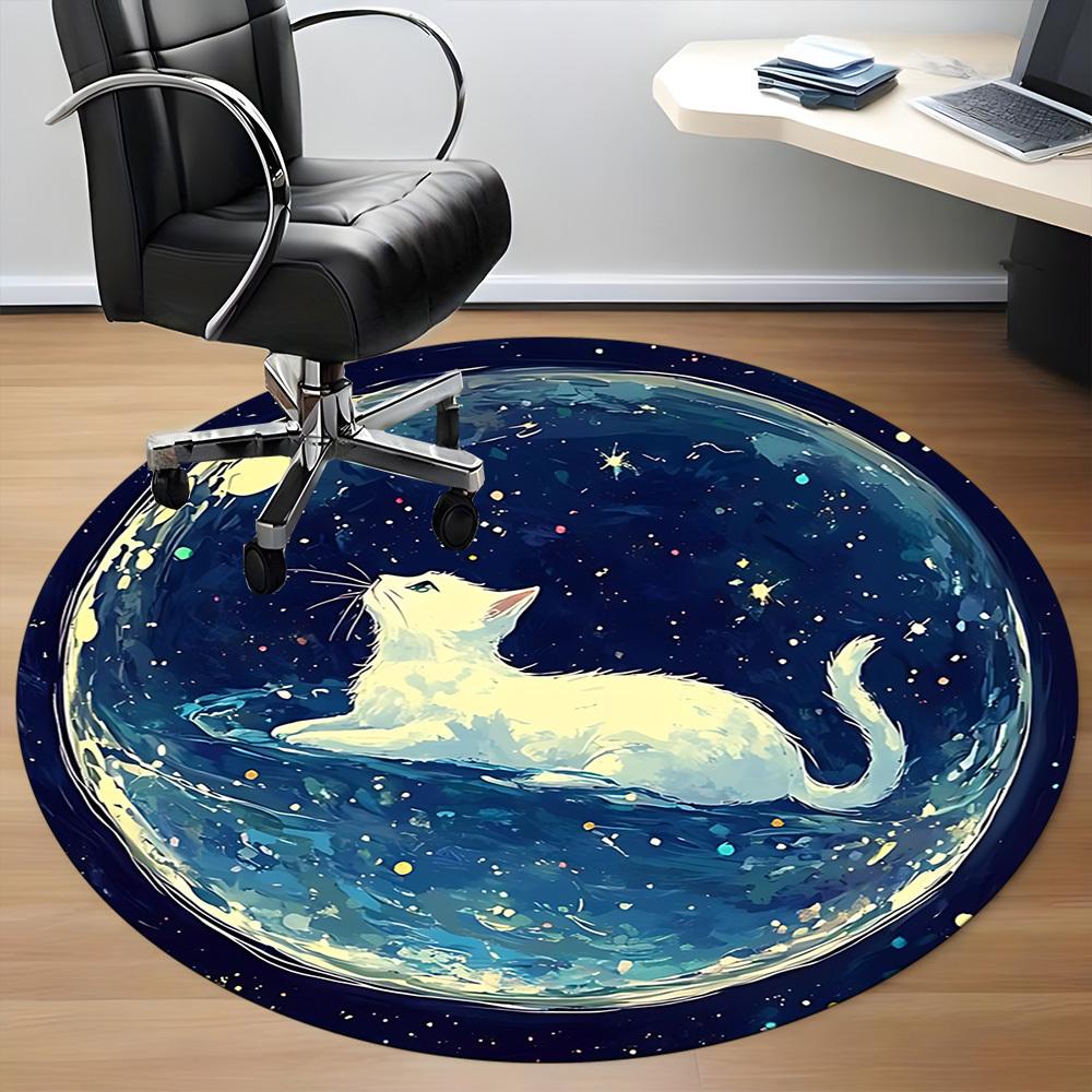 1PC Galaxy Cat Office Round Area Rug, Mat Suitable For Office, Under Office Chairs Bedroom Living Room Home Decor, Room Deco
