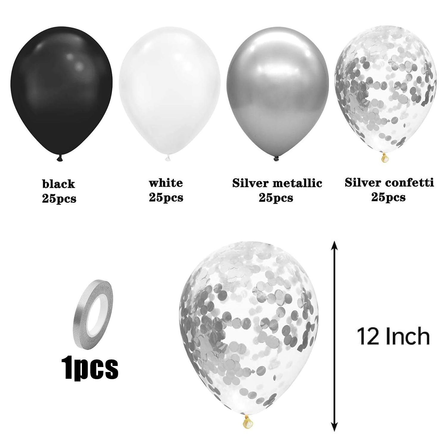 

12inch 100pcs silver white and black balloon set with confetti,suitable for weddings,birthdays,theme parties, family gatherings 12INCH