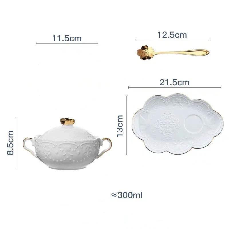 European Embossed Butterfly Ceramic Bowl with Lid & Double Handles, Breakfast, Dessert & Oatmeal Bowl